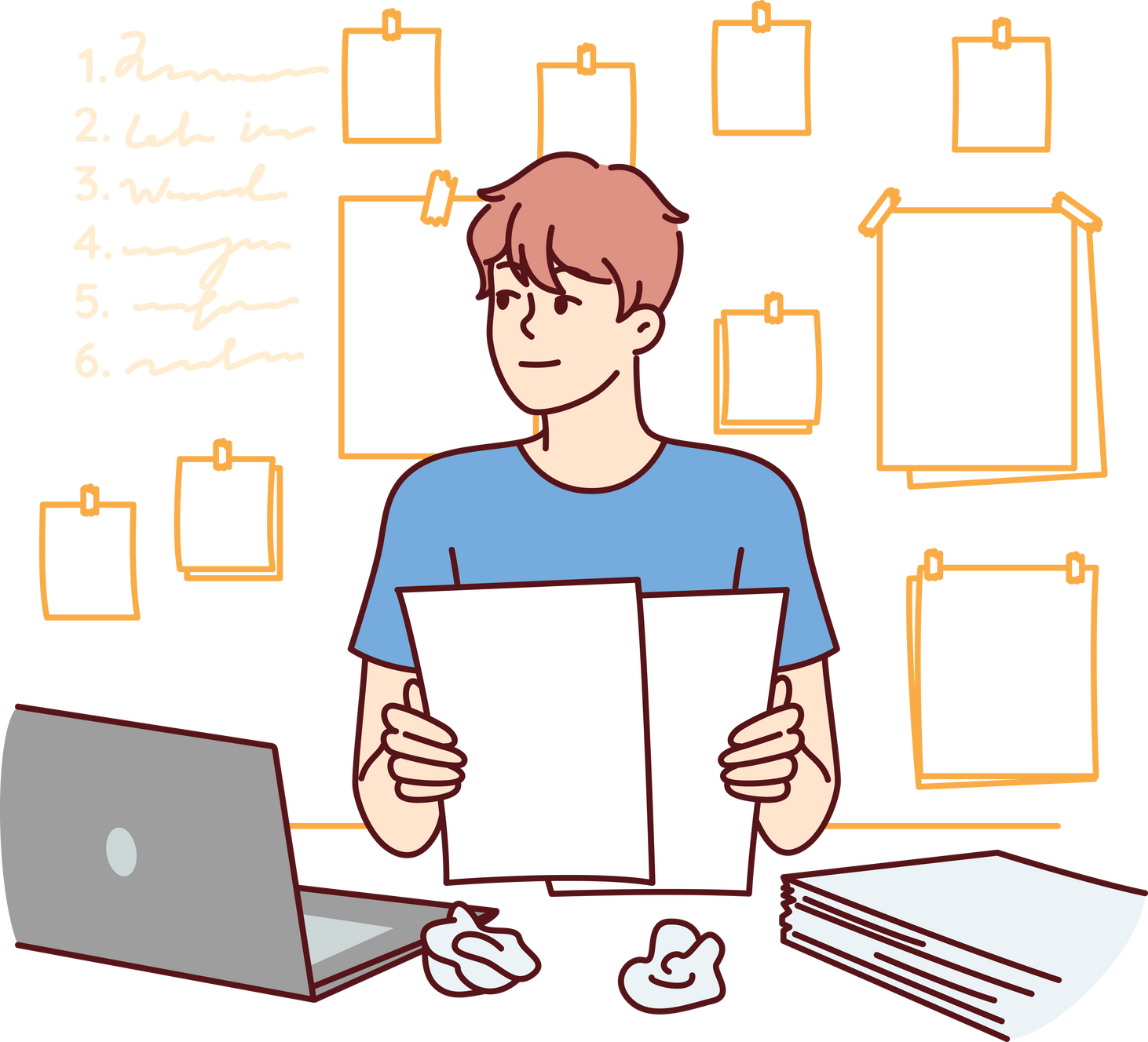 Man Freelancer Is Doing Paperwork, Sitting at Office Table with Laptop and Documents